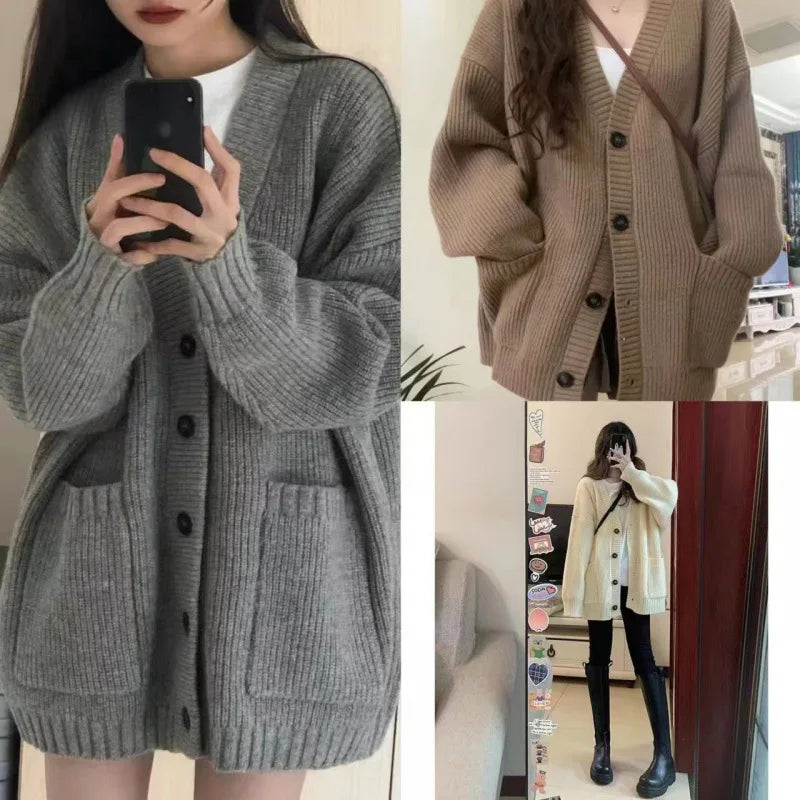 Autumn Winter Women Cardigan Sweater Coats Fashion Female Long Sleeve V-neck Loose Knitted Jackets Casual Sweater Cardigans