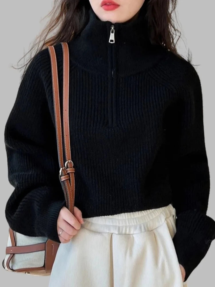 AOSSVIAO Women's Loose Knitted Pullovers Half Zipper Autumn and Winter Turtleneck Sweaters Casual Comfortable Full Sleeve Top