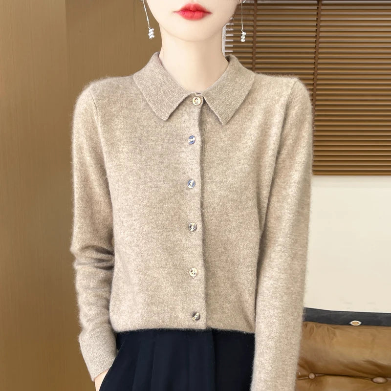 2024 Women's Sweater 100% Merino Wool POLO Collar Cardigan Knitted Warm Coat Autumn/Winter Loose Warm Soft Cashmere Sweater DMR