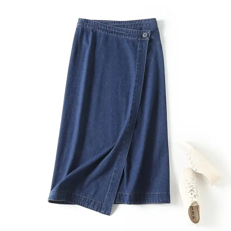 England Office lady Elegant High Street Denim Fashion  Skirt Women High Waist Asymmetric Midi Skirt Ladies