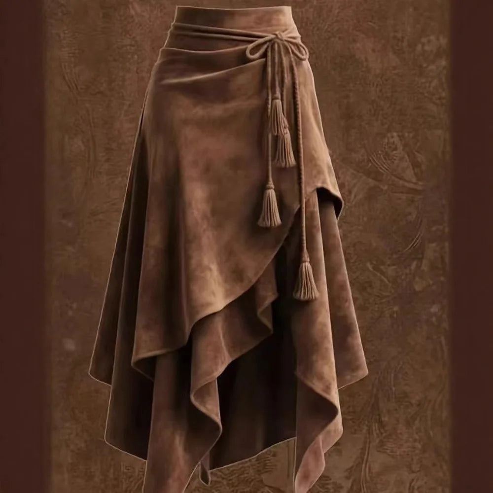 2026 Autumn Melard Coffee Suede Half Skirt For Women Irregular Lace Up Slimming A-line Mid-length Umbrella Skirt