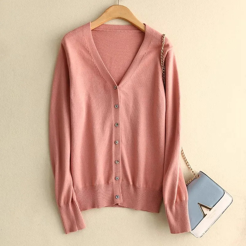 Sweater Knitted Cardigan Button Jacket 2025 Autumn Winter V-neck Long Sleeve Casual Short Tops For Women Sweater Grey White