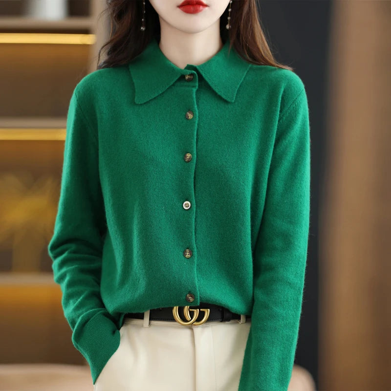 2024 Women's Sweater 100% Merino Wool POLO Collar Cardigan Knitted Warm Coat Autumn/Winter Loose Warm Soft Cashmere Sweater DMR