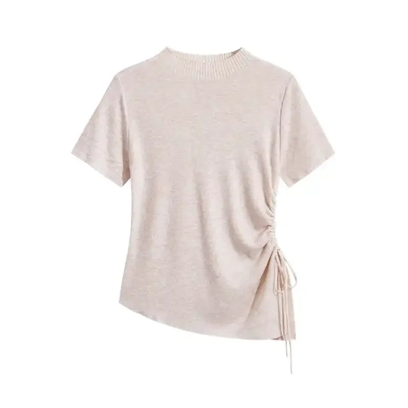 Women's Clothing Lace-Up T-shirt Summer New Slimming Knit Short Sleeve Casual Tees Lady Basic Fashion Waist-cinching O-neck Tops