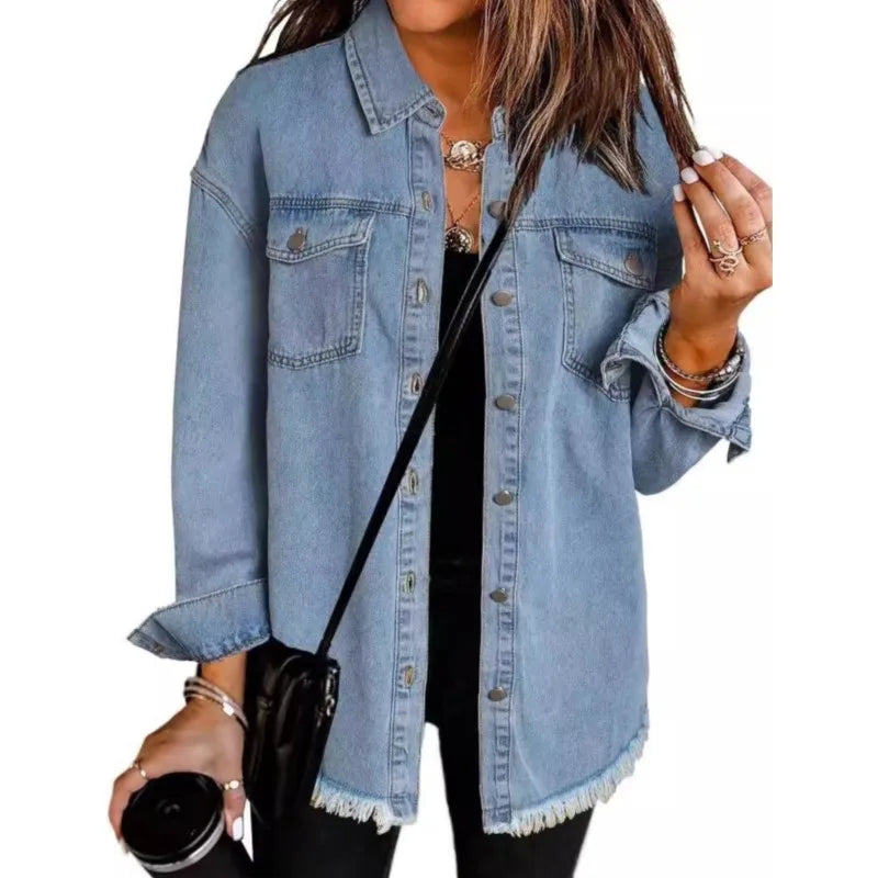 Women Fashion Denim Shirt Full Length Jacket Single Breasted Outerwear Washing High Street Cardigan Pocket Loose Coat Streetwear